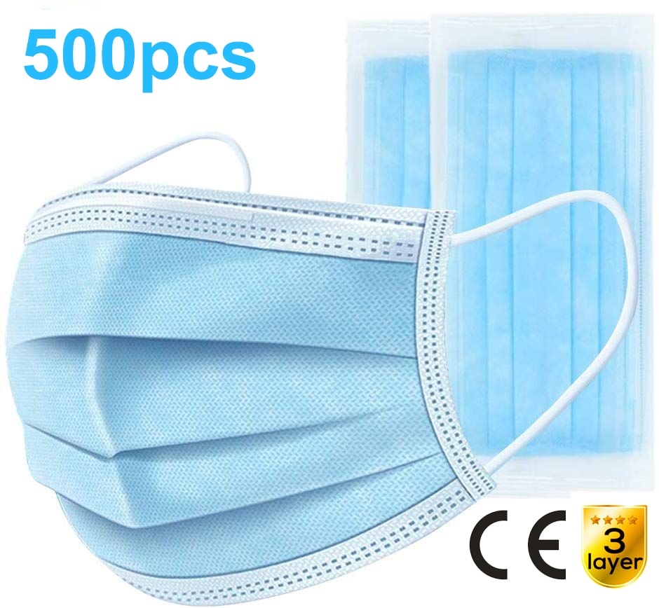 500PCS/BAG Disposable Face Mask 3Ply Earloop 3 ply non-woven design, provides some protections against dust